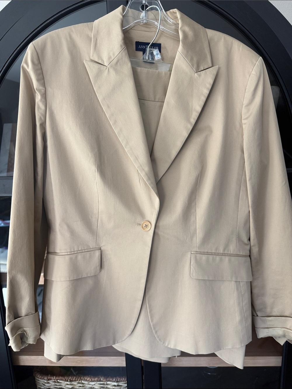 Ann Taylor Khaki Single-Button Tailored Suit Blazer and Matching Skirt